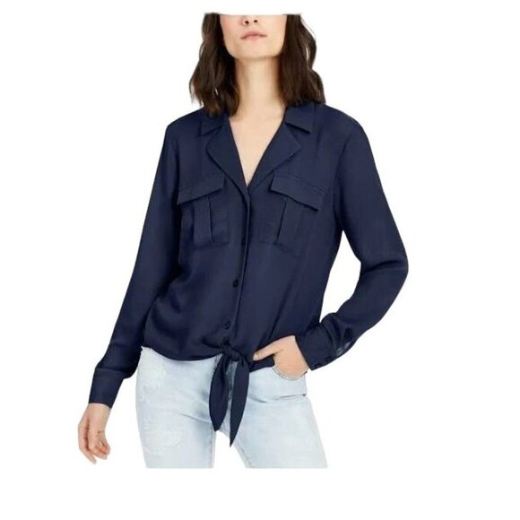 NWT INC INTERNATIONAL CONCEPTS WOMEN'S TIE FRONT SHIRT in Navy - Size PP‎ - Picture 1 of 4